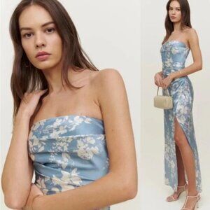 Reformation Barrow Silk Aliso Light Blue & Ivory Floral Strapless Maxi Dress
